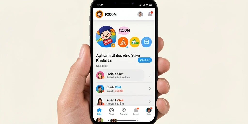 Antarmuka F200M menampilkan stiker dan status yang colorful dan interaktif.