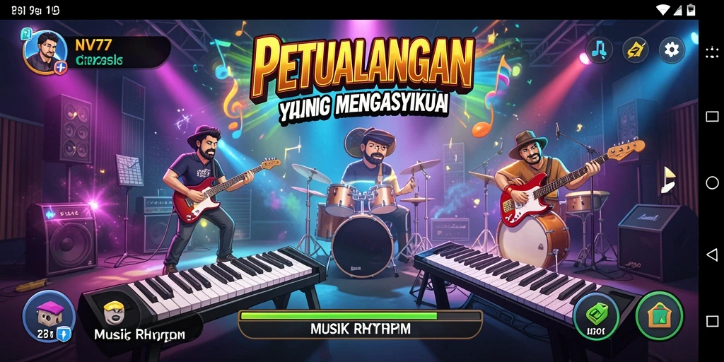 Screenshot antarmuka NV77 yang menampilkan gameplay Musik Rhythm yang dinamis.