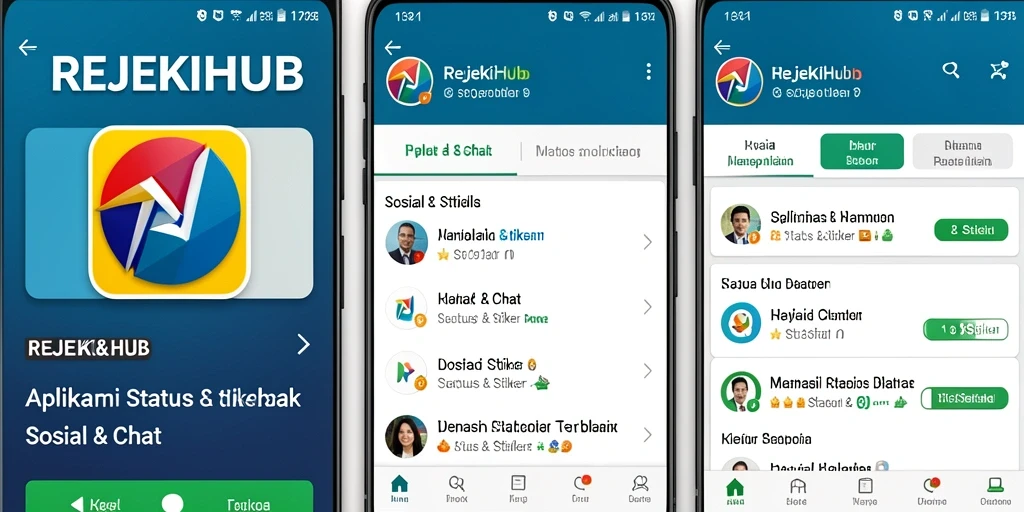 Antarmuka REJEKIHUB yang menarik dan fungsional untuk Status & Stiker.